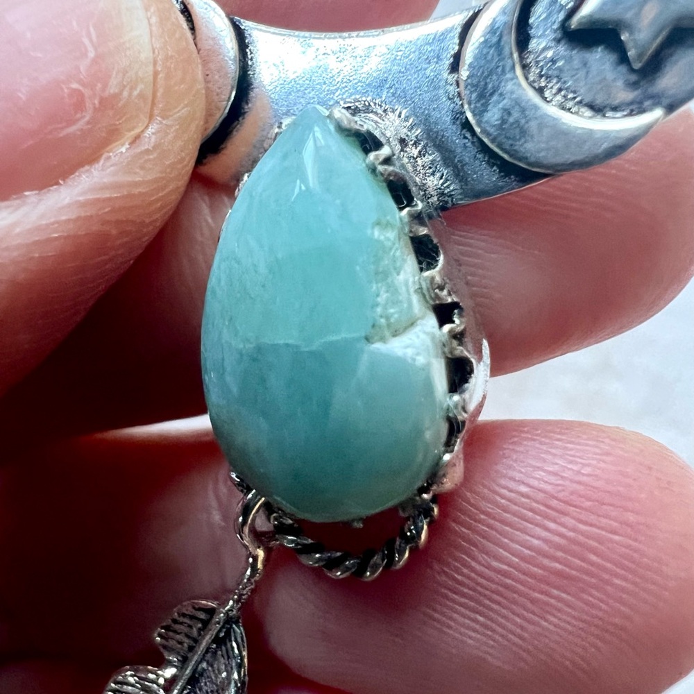 925 Flawed Boho Caribbean Larimar Feather Pendant Necklace - Picture 6 of 10